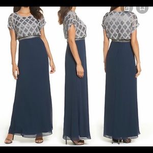 Adrianna Papell Beaded Blouson Gown silver/navy